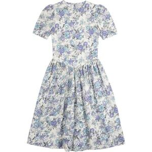 Vintage S. Roberts Floral Midi Dress Blue Purple V-Waist Cottagecore Size 10
